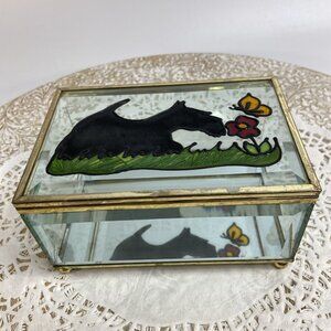 Sunburst Designs Scotty Dog Casket Jewelry Trinket Box HandPainted Beveled Glass